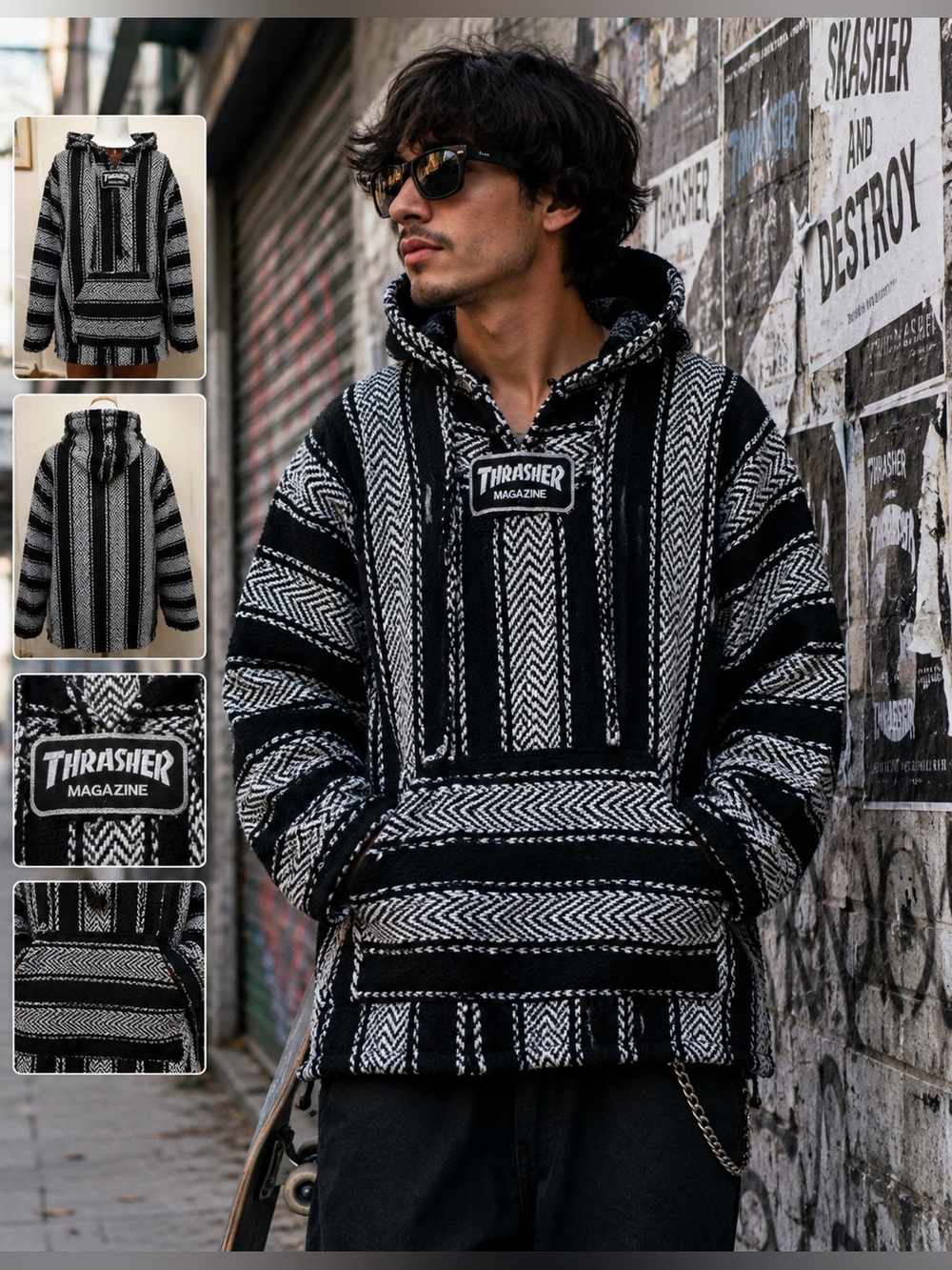 THRASHER Magazine Baja Hoodie Poncho Black White Size L Skater Streetwear